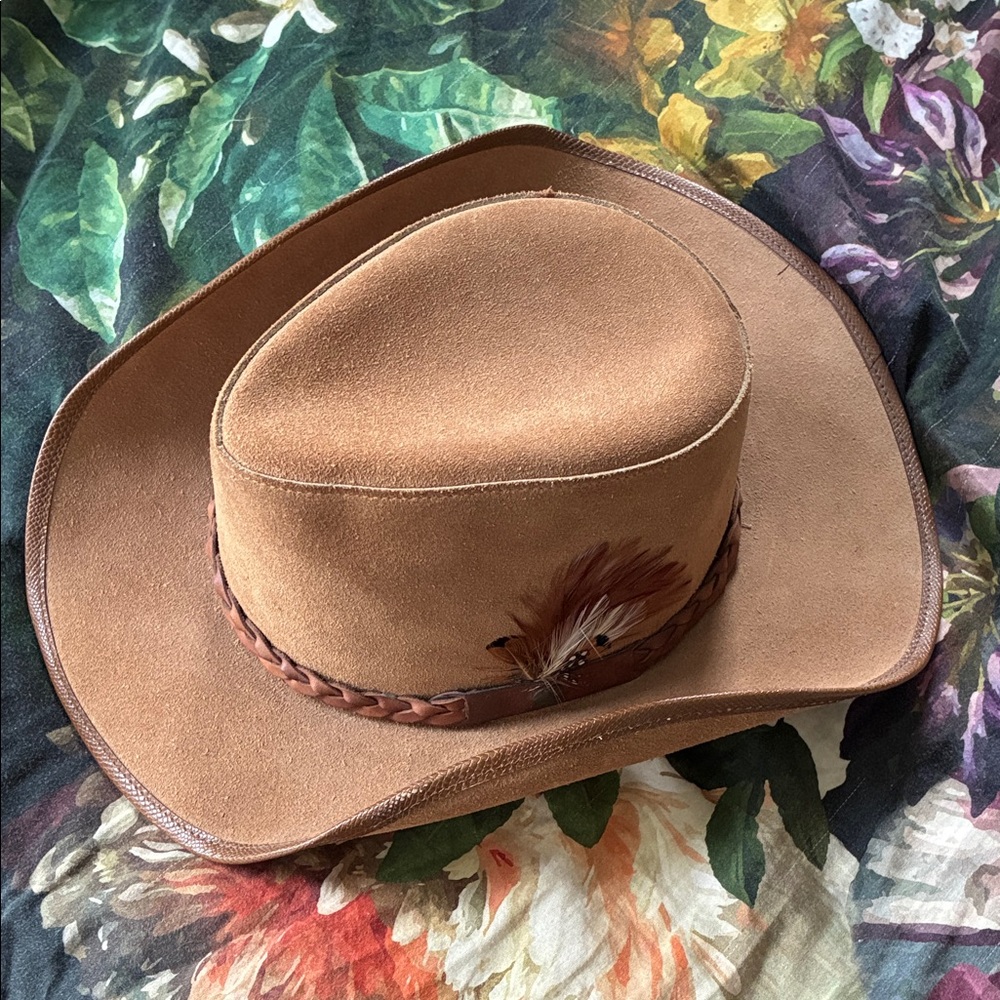 Men's Suede Western Cowboy Hat in Brown with Feather Trim